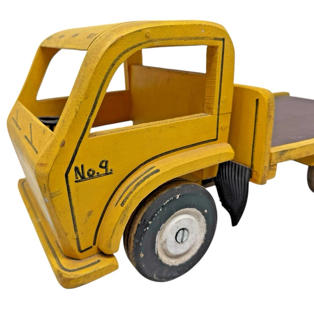 Vintage 1950s Handmade Wooden Ford No.9 Flatbed Toy Truck Yellow Missing Wheel